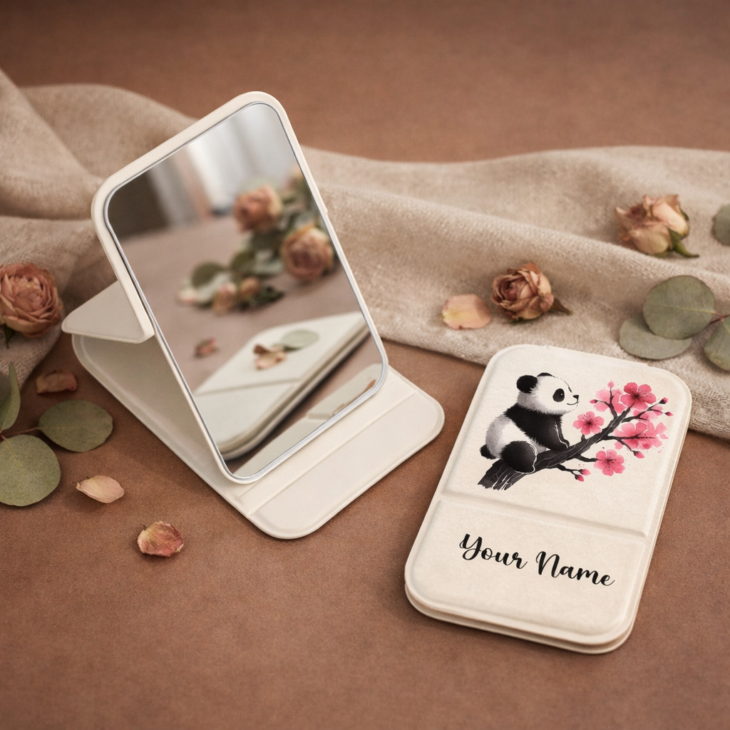 Blossom Panda Personalized Compact Pocket Mirror - White