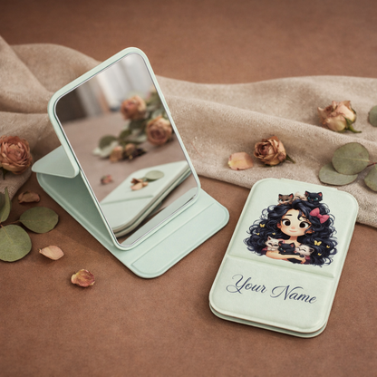 Whisker Hug Girl Personalized Compact Pocket Mirror - Mint