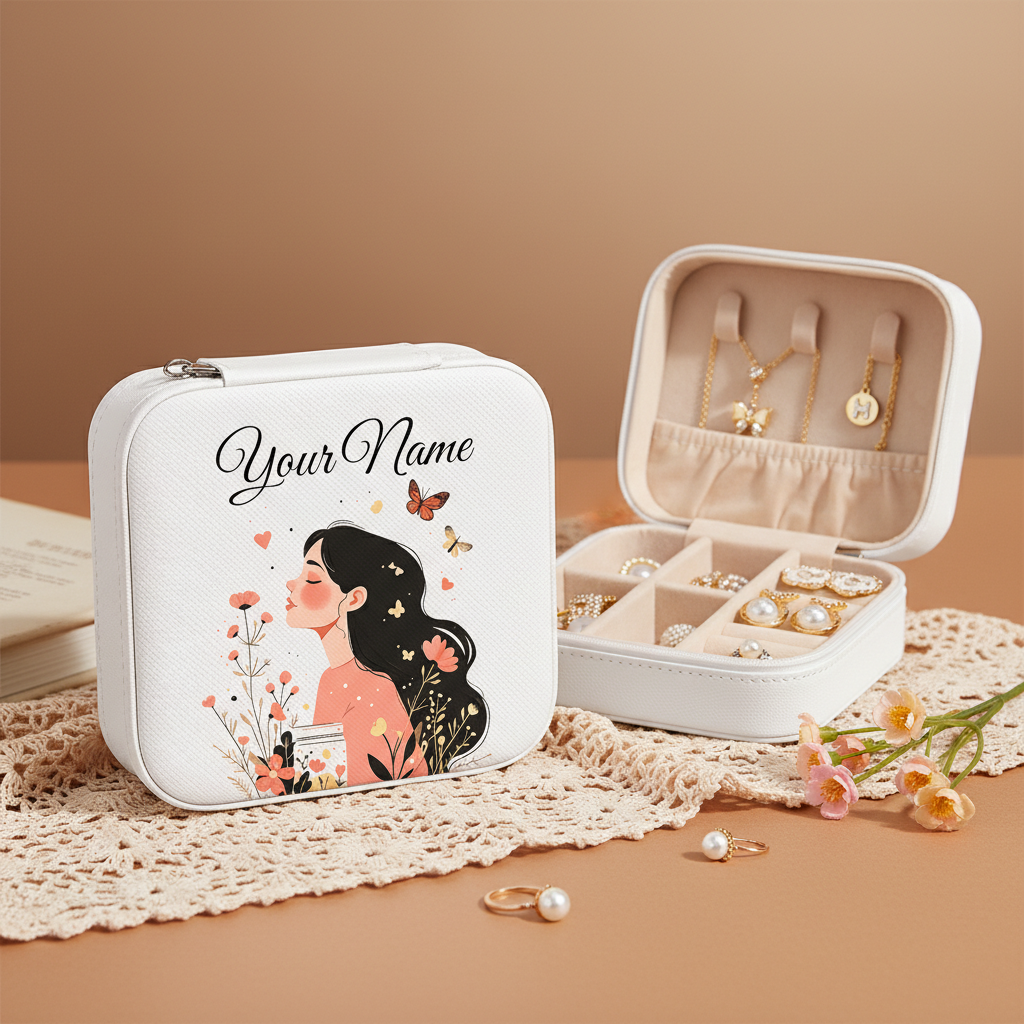 Personalized White Jewellery Box with Name – Sweet Blossom Heart & Butterfly Design | Travel Jewelry Organizer for Women & Girls