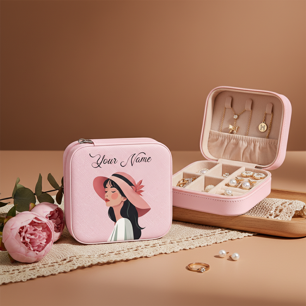 Personalized Pink Jewellery Box for Girls & Women | Hat Girl Design Travel Jewelry Organizer with Name Print | Rings, Earrings & Necklace Storage Case