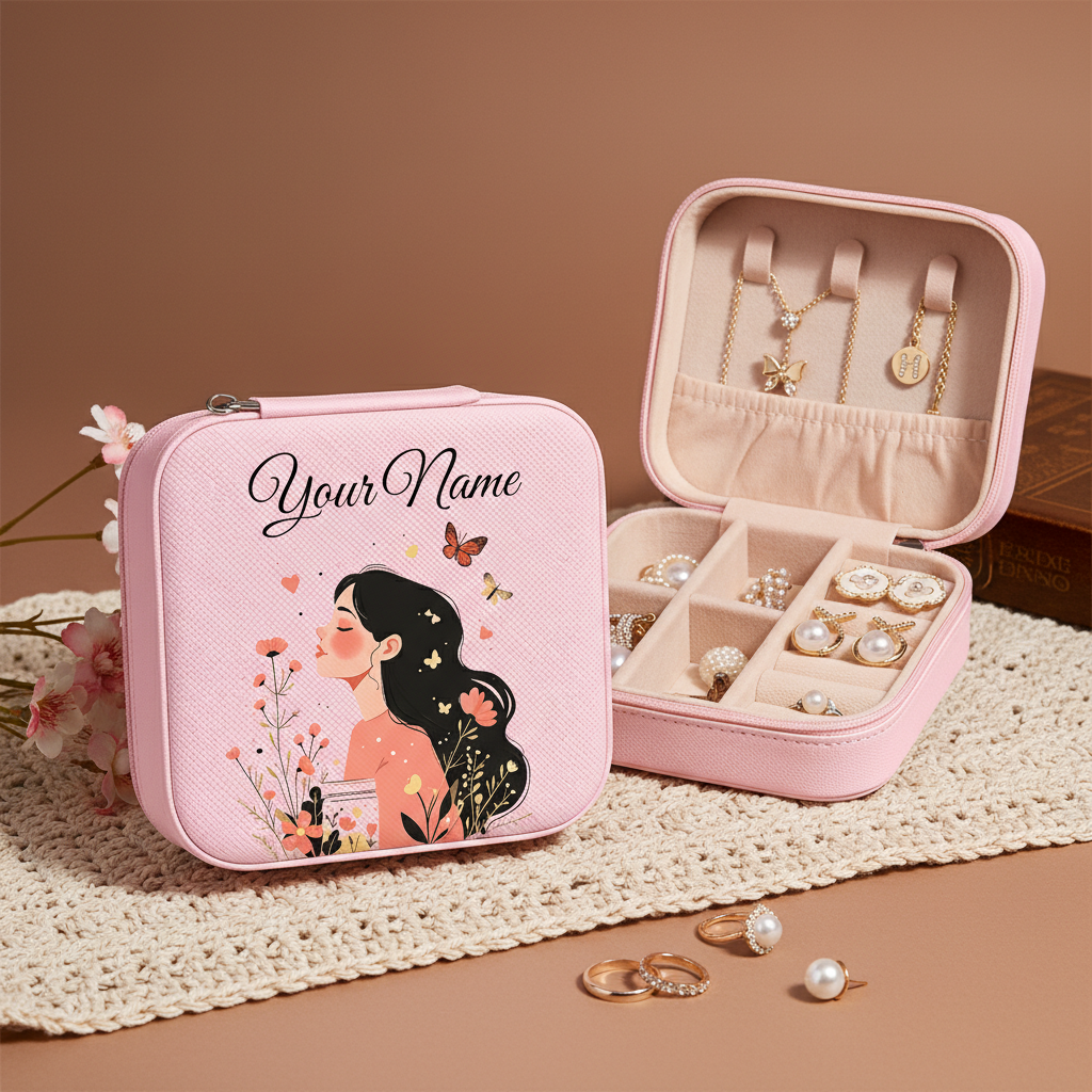 Personalized Pink Jewellery Box with Name – Sweet Blossom Heart & Butterfly Design | Travel Jewelry Organizer for Women & Girls (Copy)