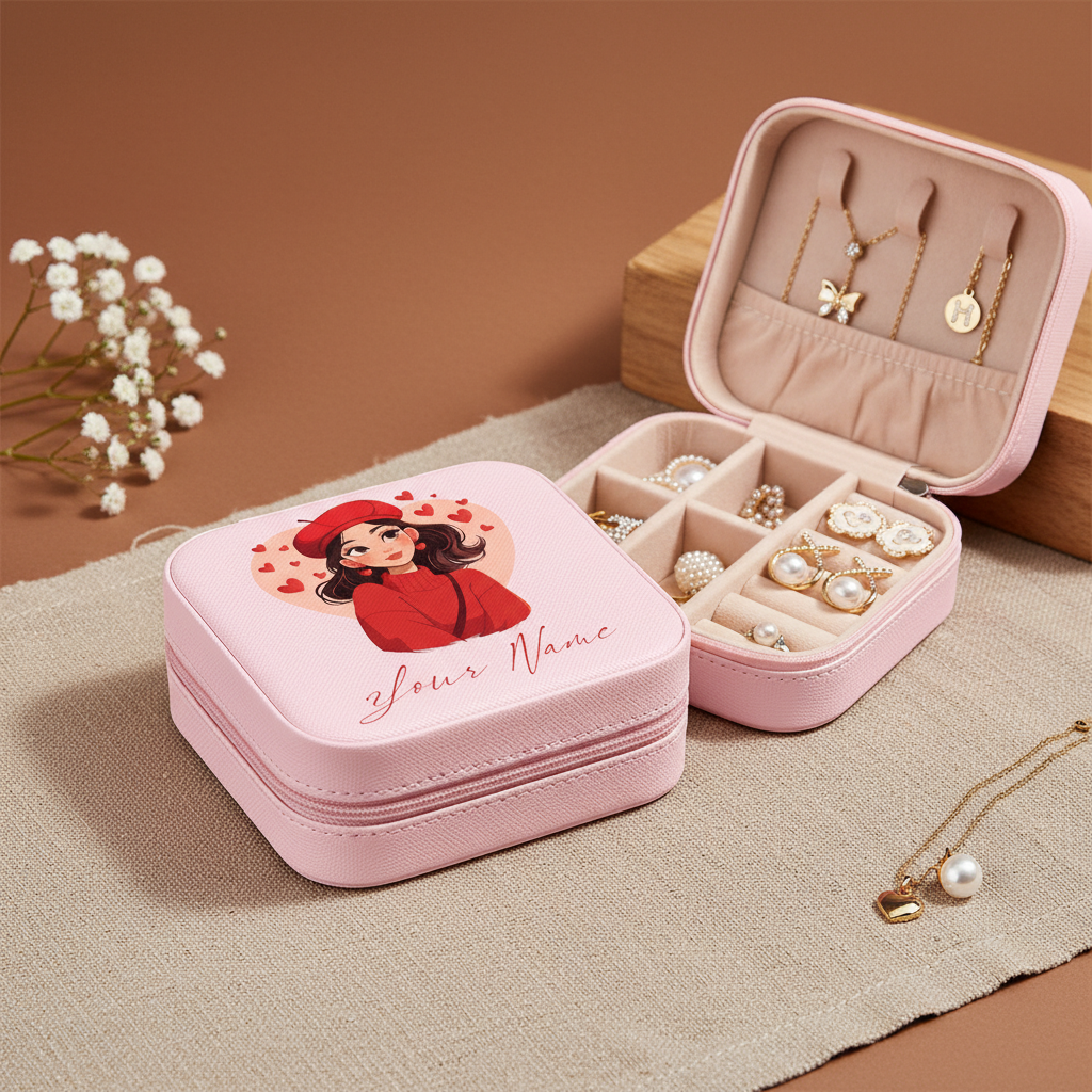 Personalized Pink Jewellery Box with Name – Sweet Heart Love Girl Art | Cute Travel Jewelry Organizer for Women & Girls