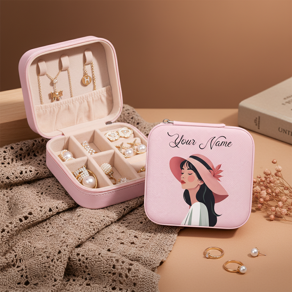 Personalized Pink Jewellery Box for Girls & Women | Hat Girl Design Travel Jewelry Organizer with Name Print | Rings, Earrings & Necklace Storage Case
