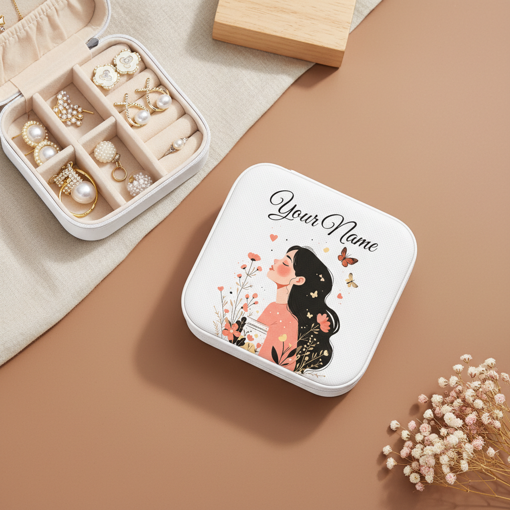 Personalized White Jewellery Box with Name – Sweet Blossom Heart & Butterfly Design | Travel Jewelry Organizer for Women & Girls